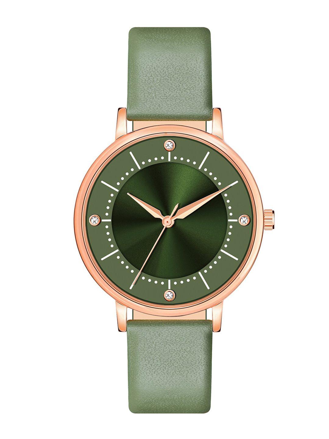 shocknshop women green embellished dial & green leather straps analogue watch mt513