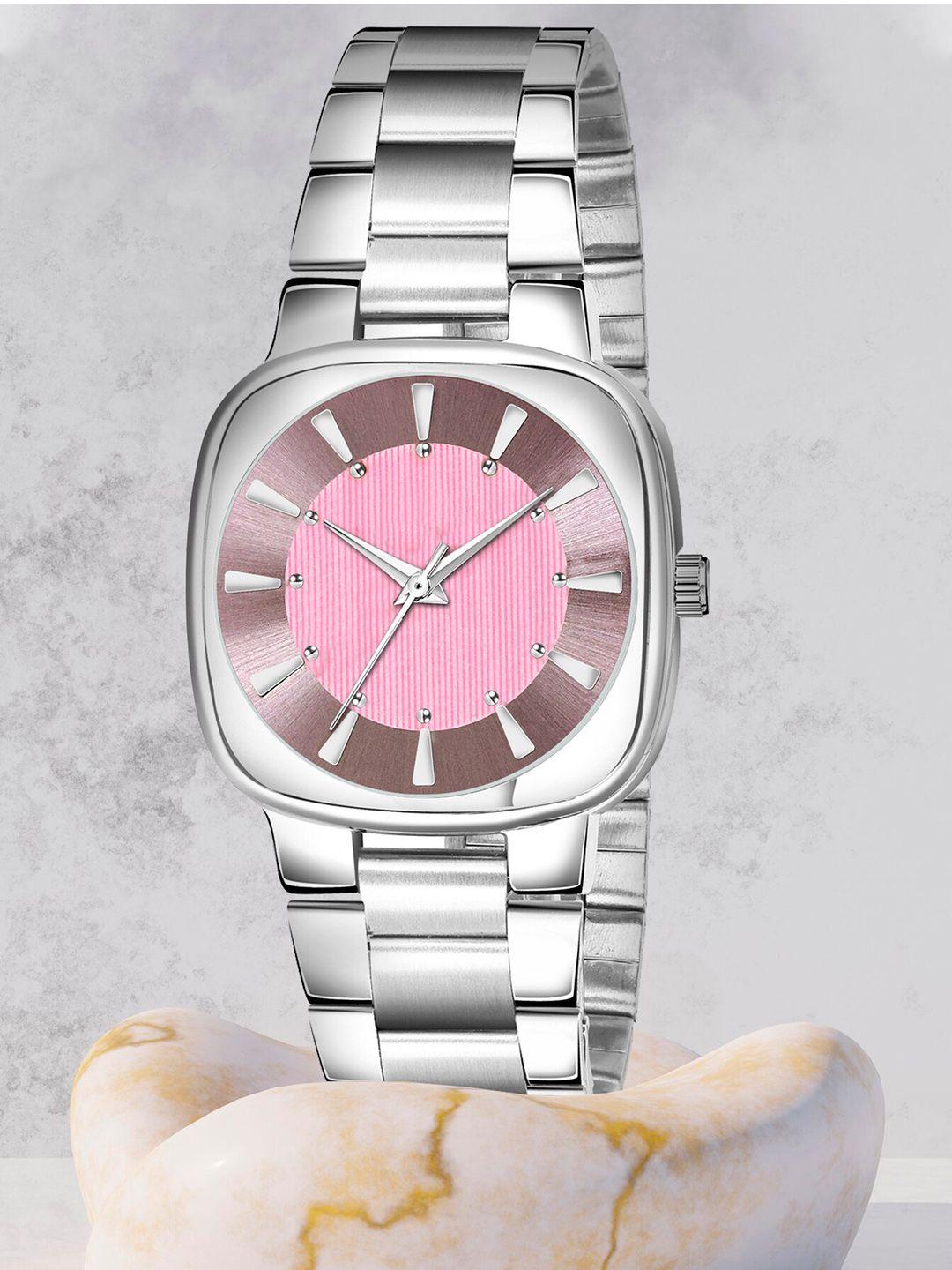 shocknshop women pink dial & steel toned stainless steel bracelet style straps analogue watch lr301