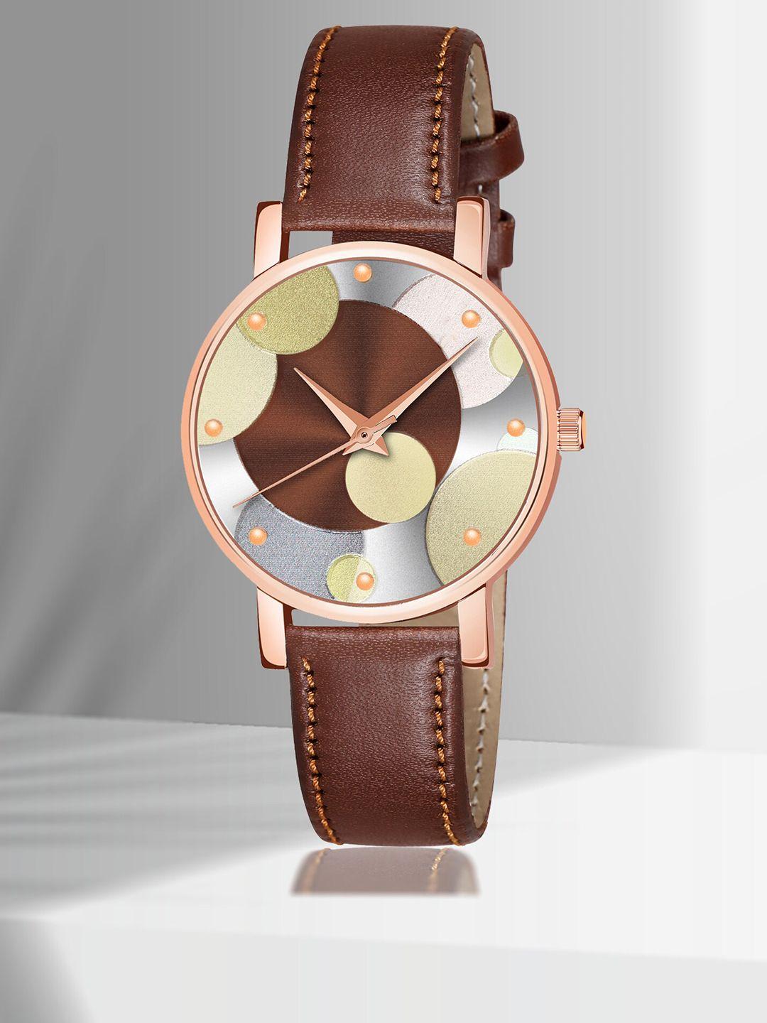 shocknshop women printed dial & leather straps analogue multi function watch wch76brown