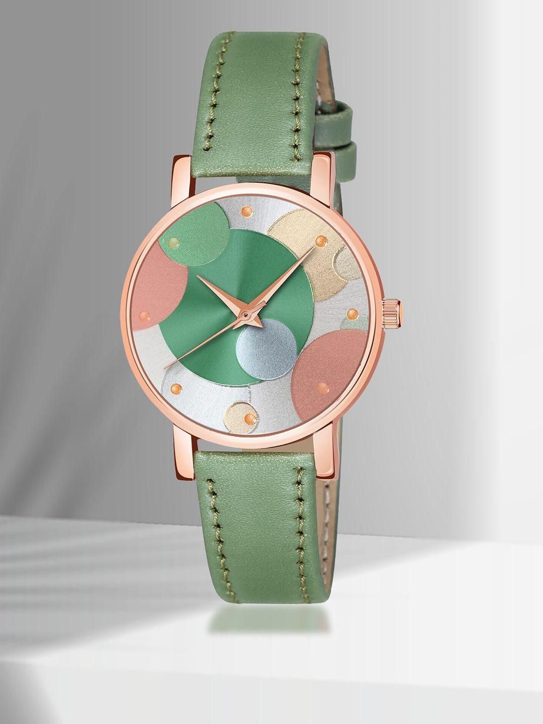 shocknshop women printed dial & leather straps analogue multi function watch wch76green