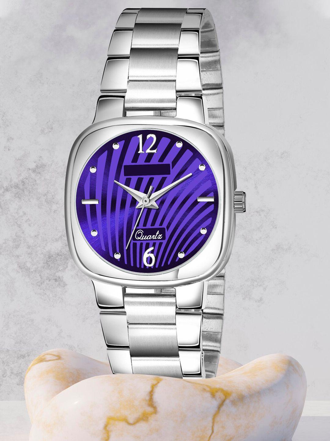 shocknshop women purple printed dial & steel toned stainless steel bracelet style straps analogue watch