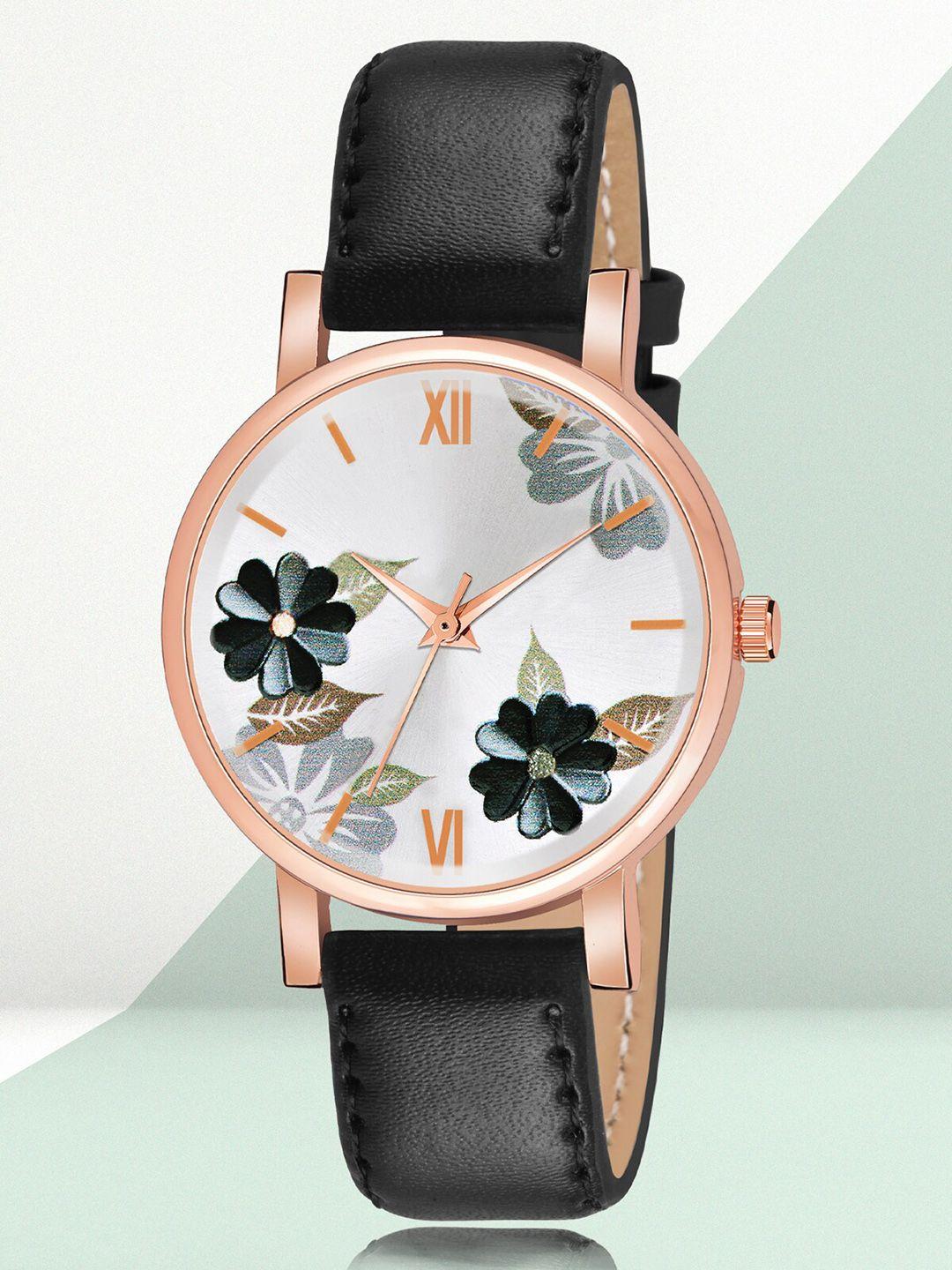 shocknshop women white printed dial & black leather straps analogue watch- w47black