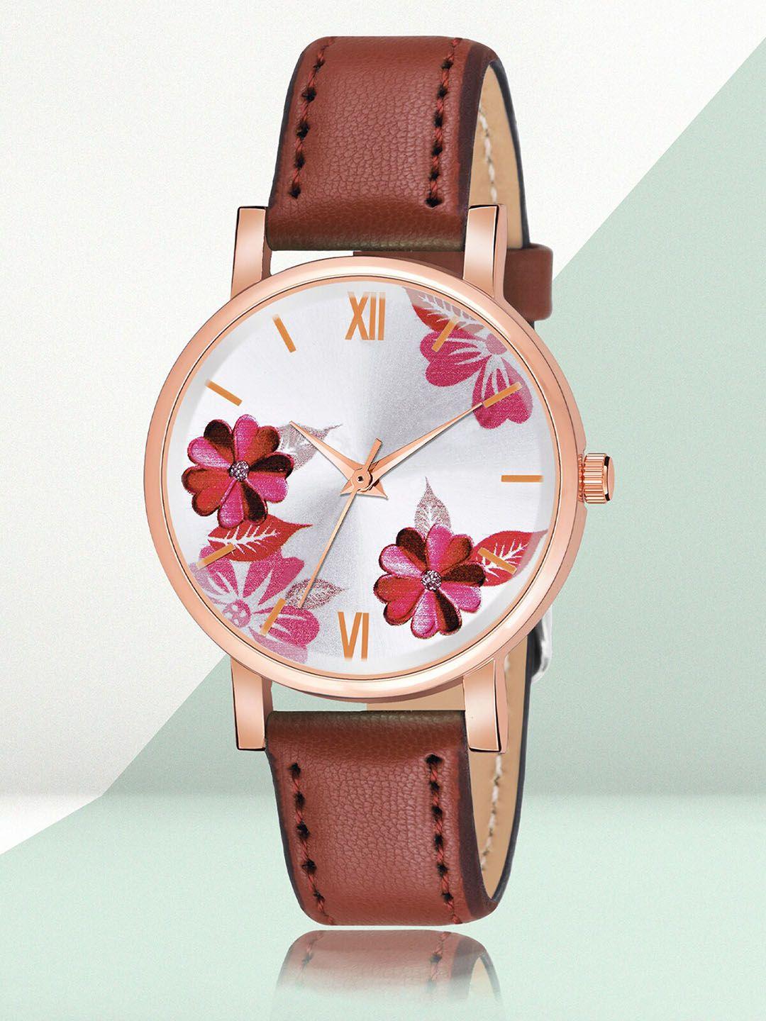 shocknshop women white printed dial & brown leather straps analogue watch- w47brown