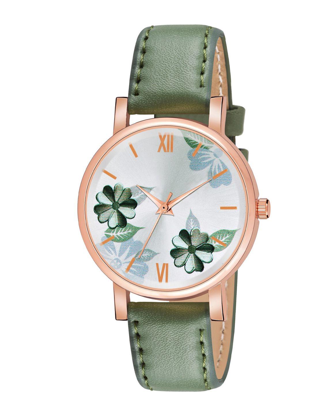 shocknshop women white printed dial & green leather straps analogue watch- w47green