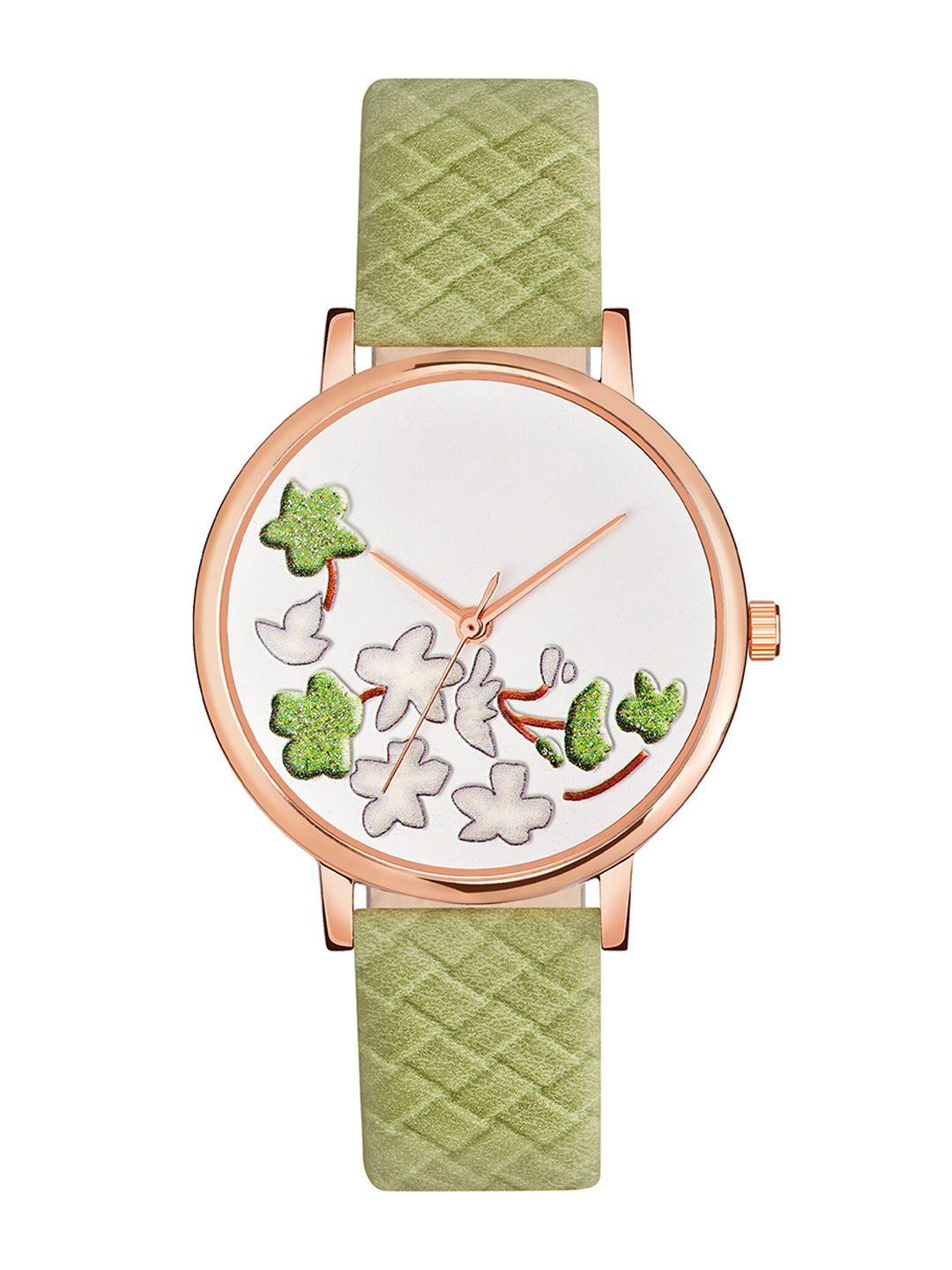 shocknshop women white printed dial & green leather straps analogue watch mt501