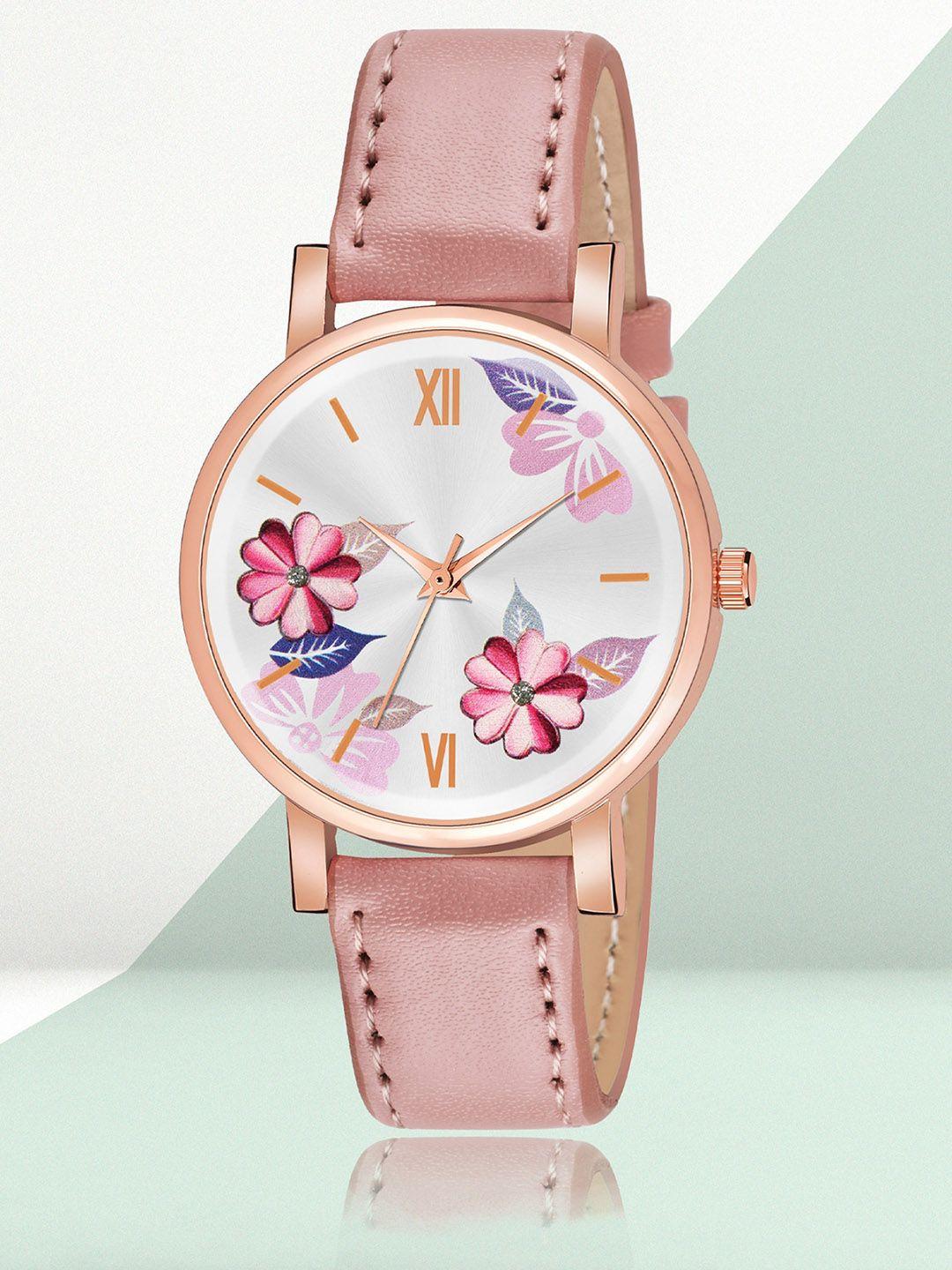 shocknshop women white printed dial & pink leather straps analogue watch- w47pink