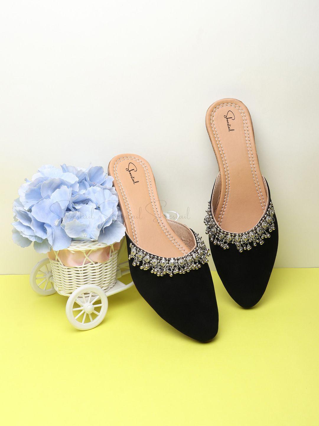 shoestail pointed toe embellished mules flats