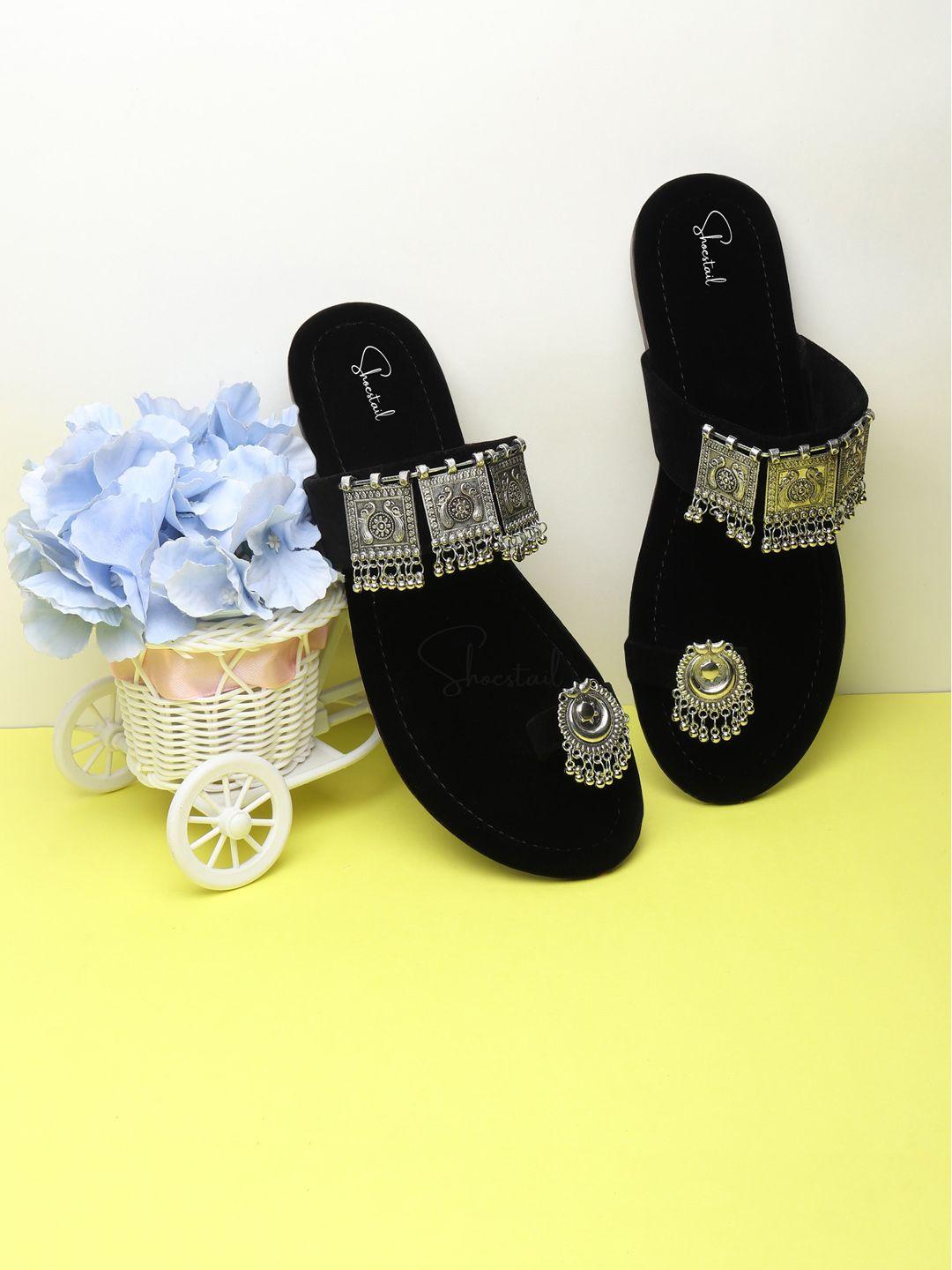 shoestail women black embellished one toe flats