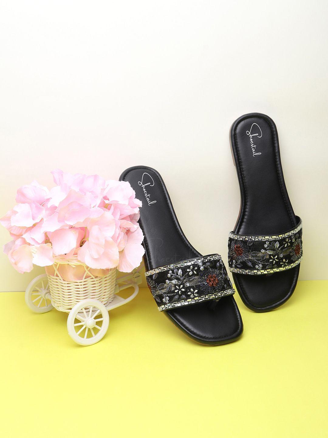 shoestail women black embellished open toe flats