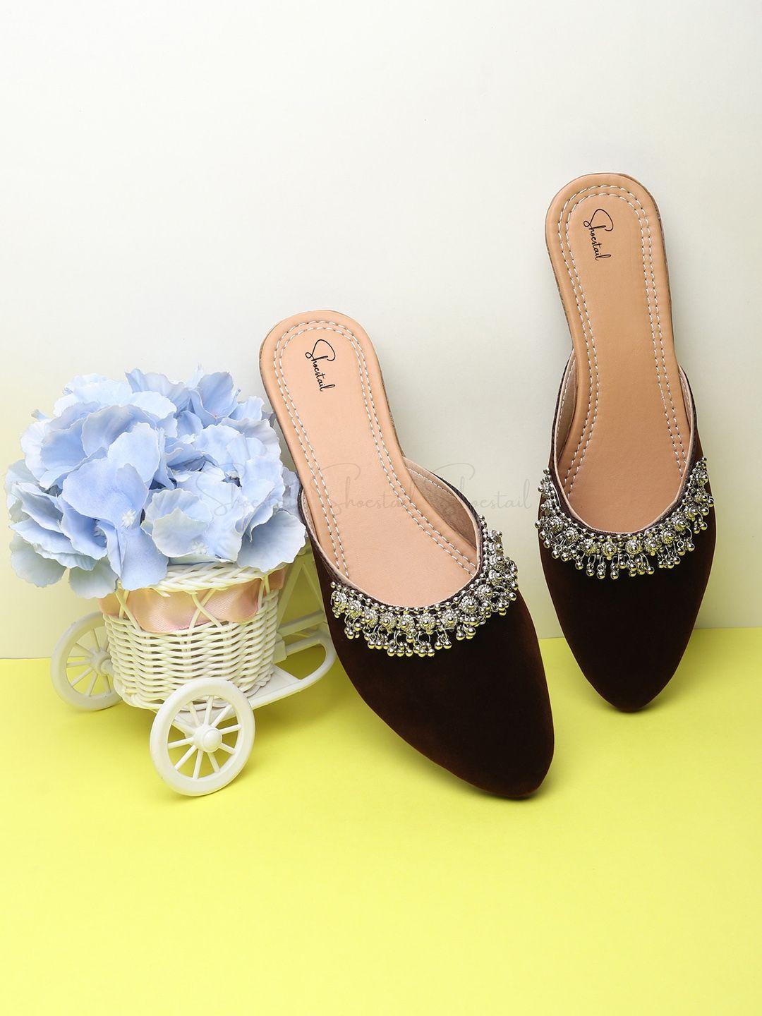 shoestail women brown embellished mules flats