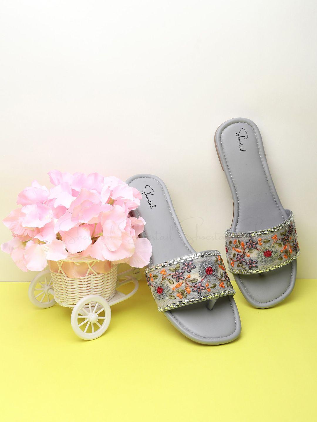 shoestail women grey embellished open toe flats