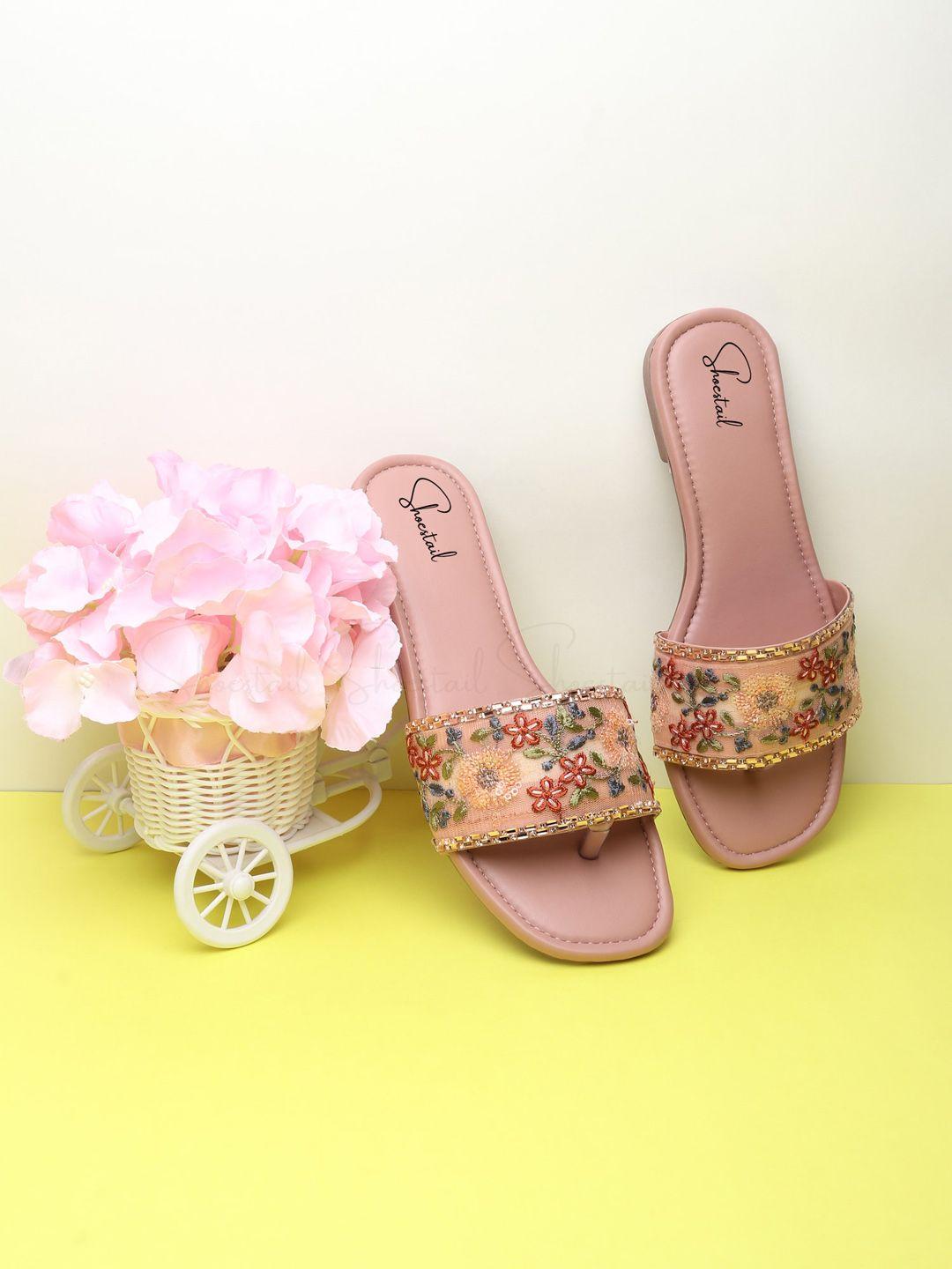 shoestail women peach-coloured printed open toe flats