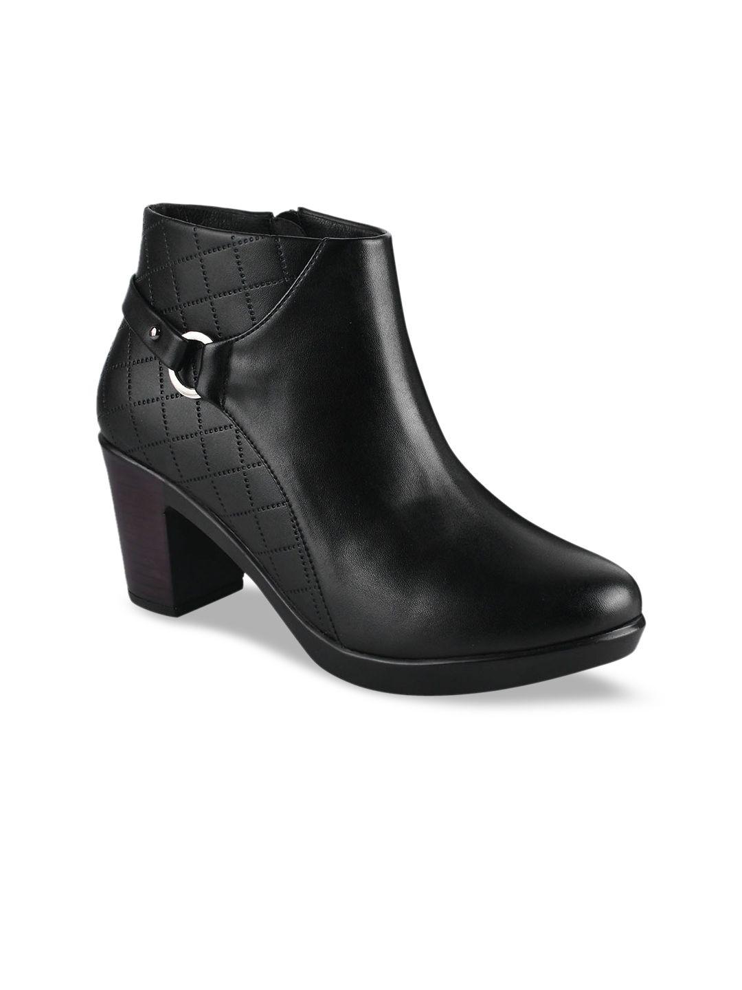 shoetopia women mid top textured block-heeled regular boots with embellished detail