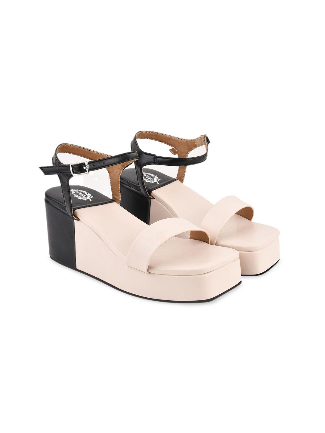 shoetopia cream-coloured colourblocked block peep toes