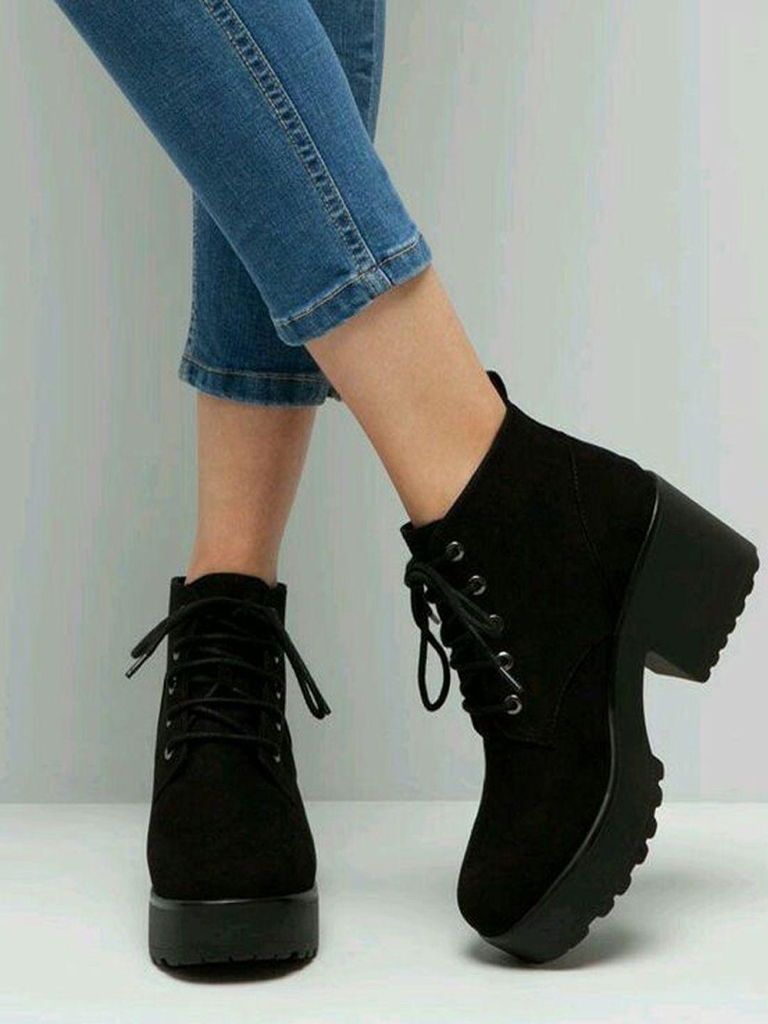 shoetopia girls black solid flatform heeled boots