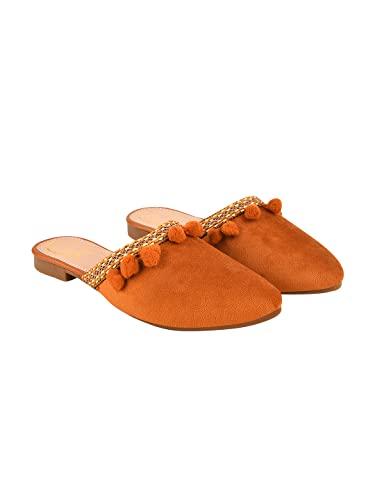 shoetopia pointed toe with pom pom detailed tan mules for women & girls / uk4