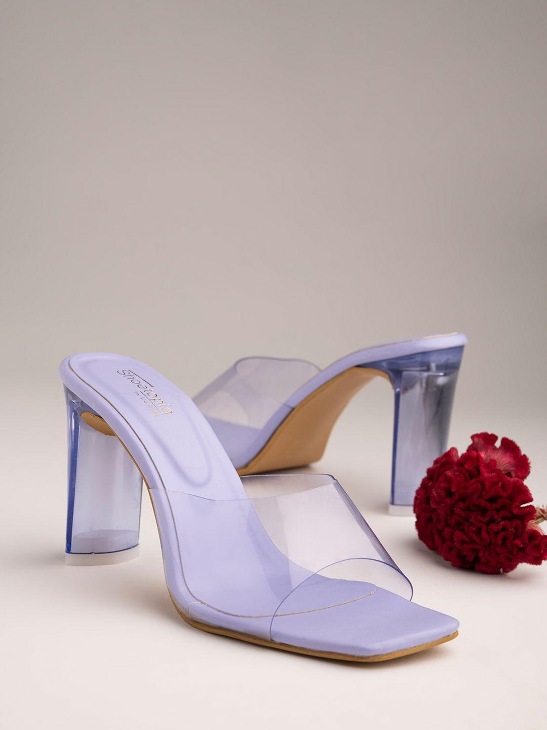 shoetopia purple transparent block mules