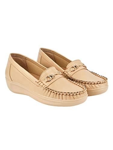 shoetopia upper metalic buckle detailed beige loafers for women & girls /uk4