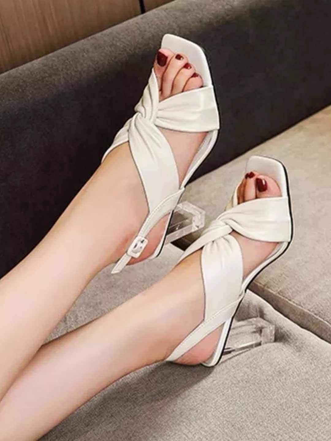 shoetopia white block sandals with bows