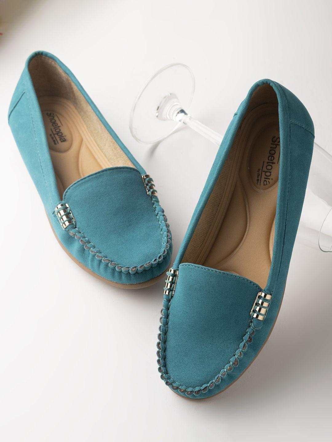 shoetopia women turquoise blue solid suede loafers