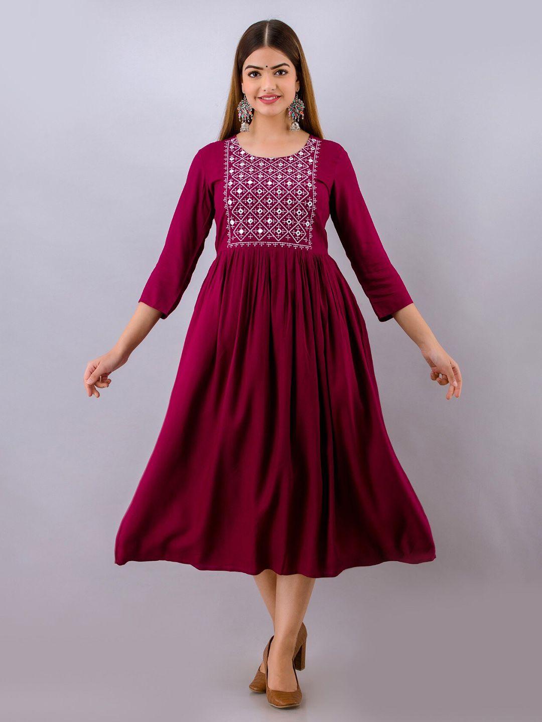 shoolin ethnic motifs embroidered fit & flared midi dress