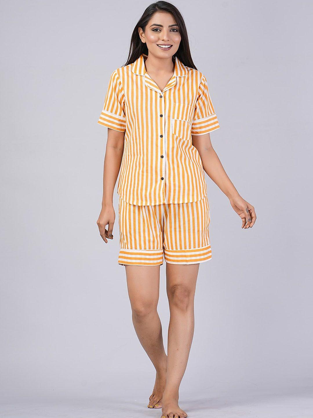 shoolin striped lapel collar pure cotton shirt with shorts