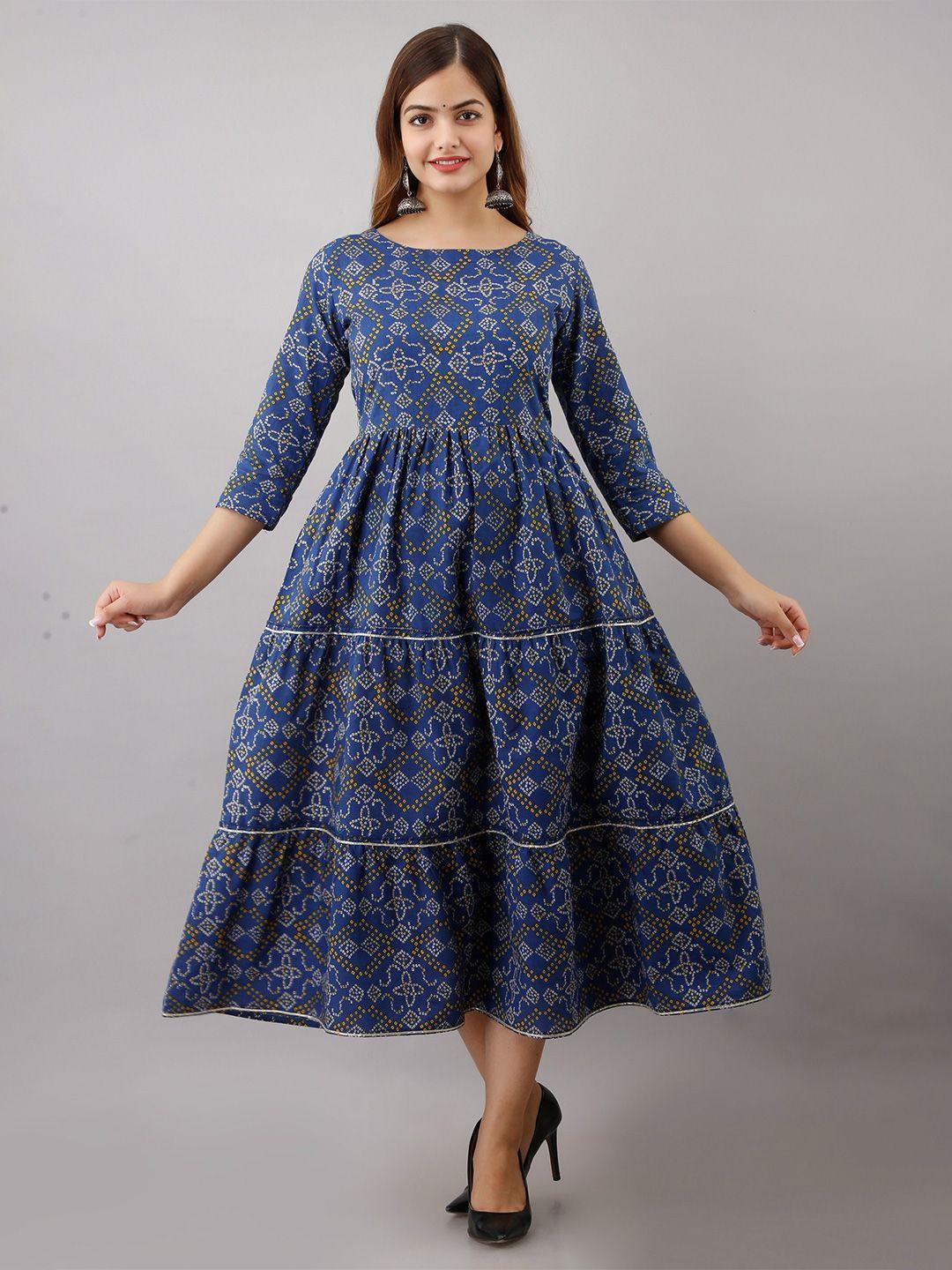 shoolin bandhani printed round neck gathered tiered cotton fit & flared maxi ethnic dress