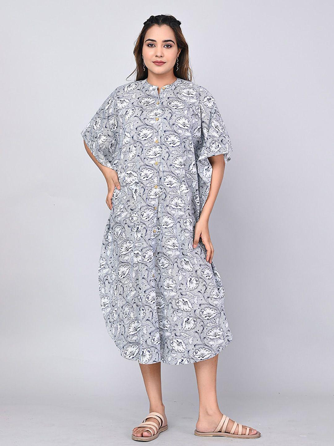 shoolin blue floral print kimono sleeve a-line midi dress