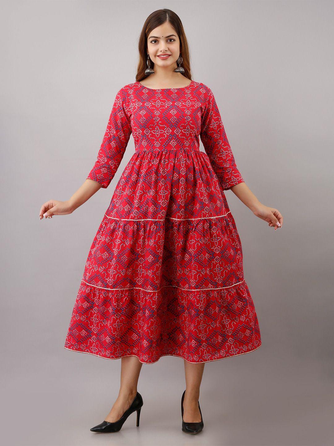 shoolin ethnic motifs print cotton fit & flare midi dress