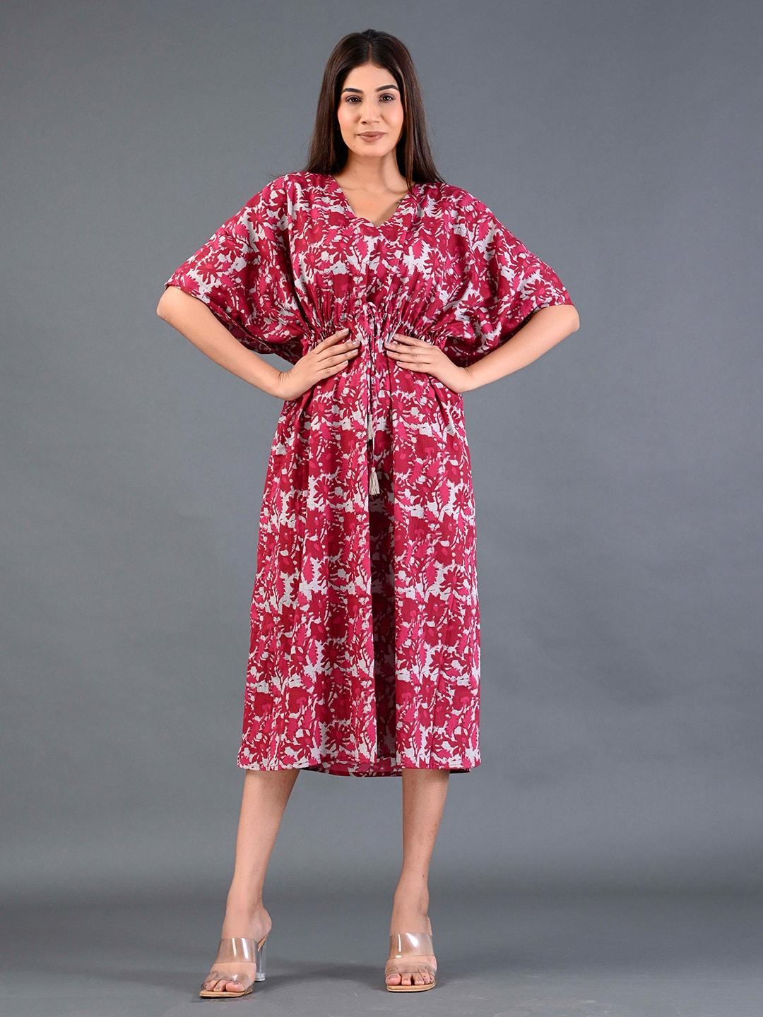shoolin floral printed flared sleeve gathered pure cotton kaftan midi dress