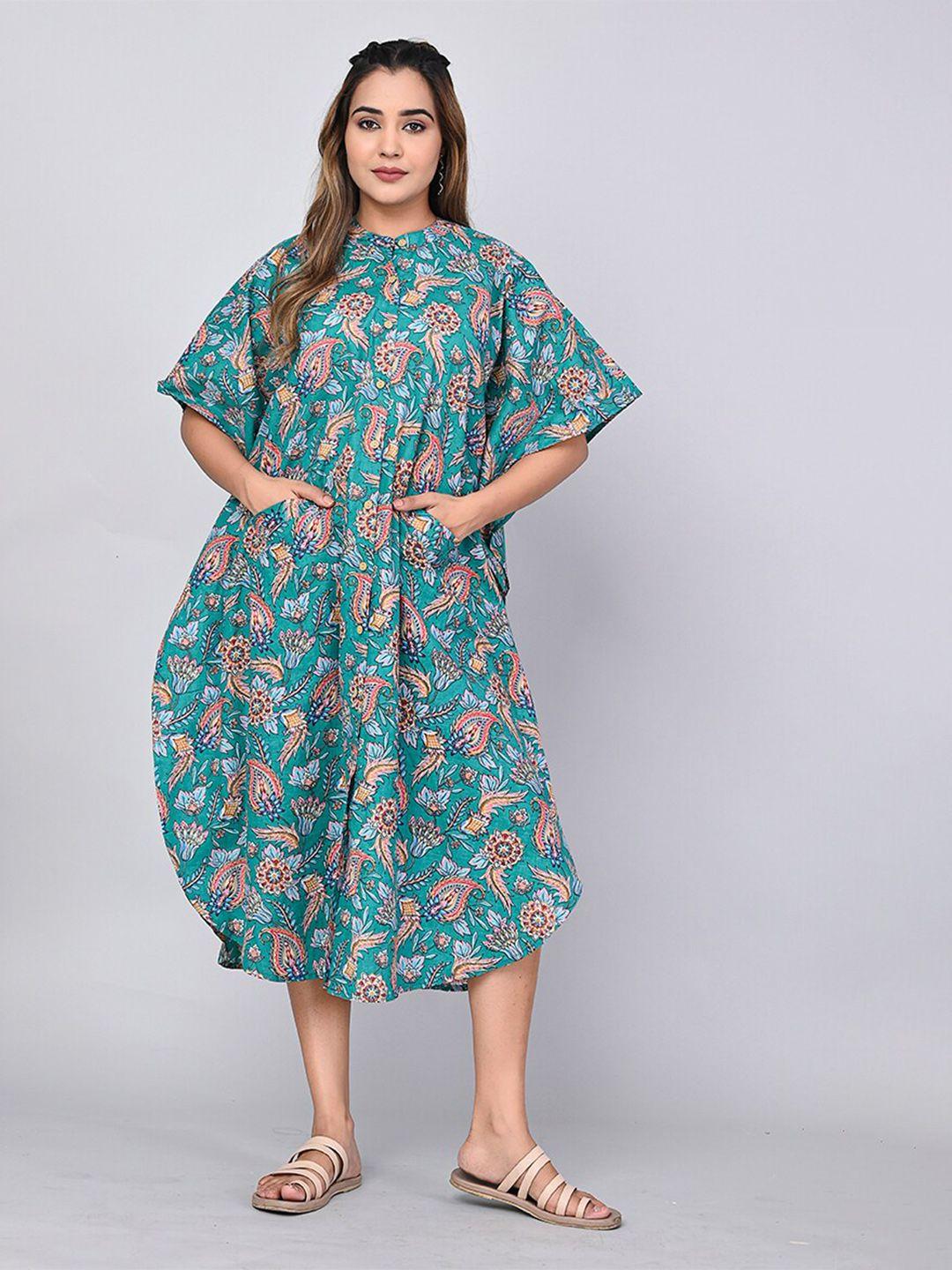 shoolin floral printed flared sleeves cotton kaftan midi dress