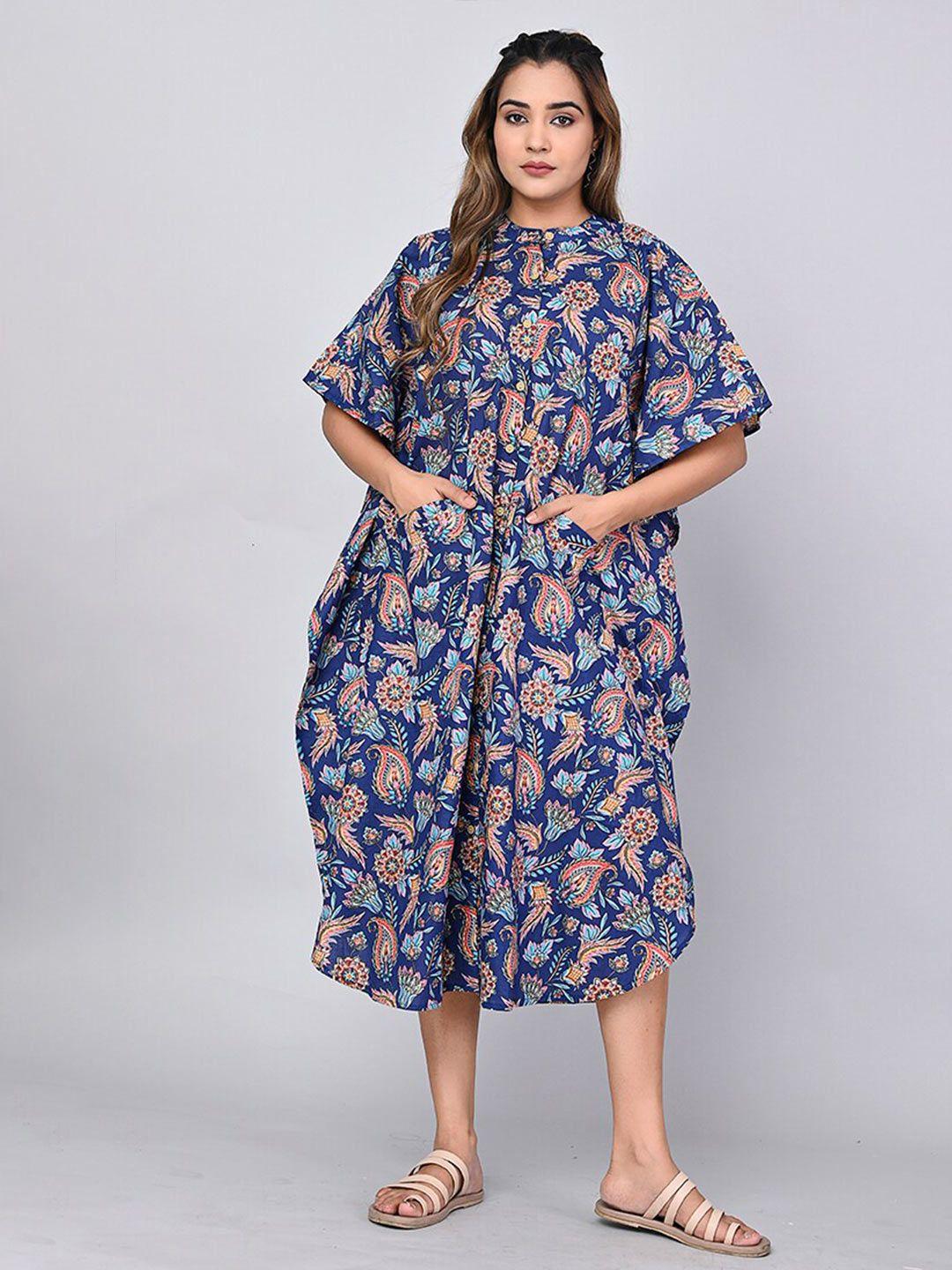 shoolin floral printed flared sleeves cotton kaftan midi dress