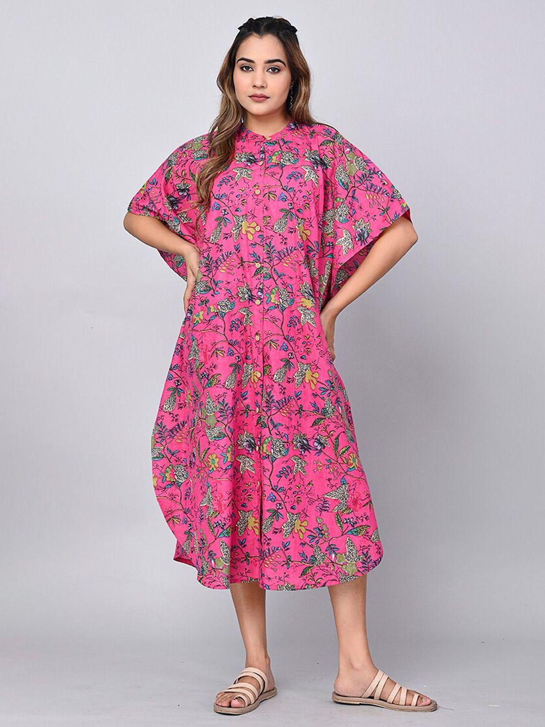 shoolin floral printed flared sleeves cotton kaftan midi dress