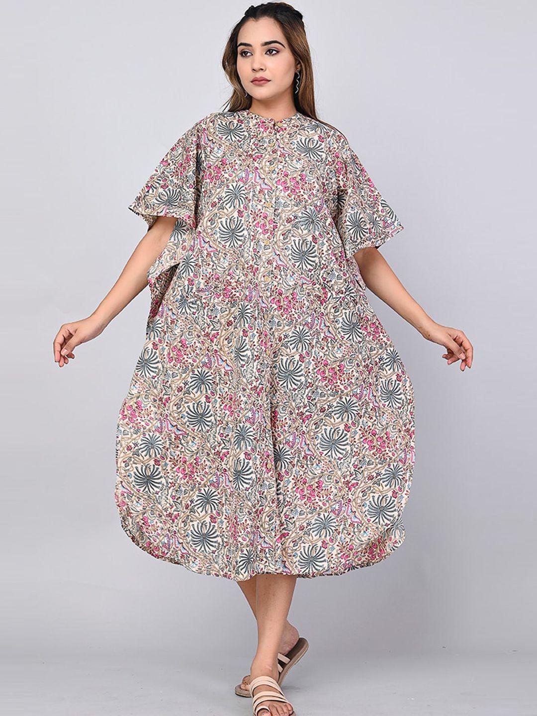 shoolin floral printed flared sleeves cotton kaftan midi dress