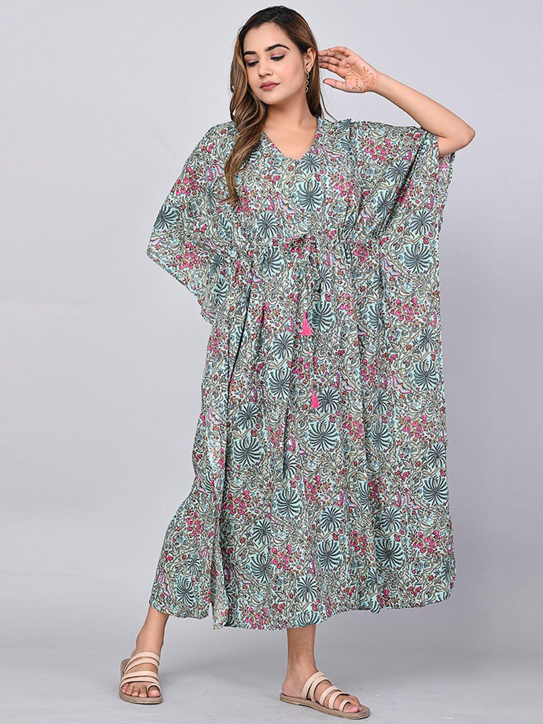 shoolin floral printed flared sleeves pure cotton kaftan midi dress