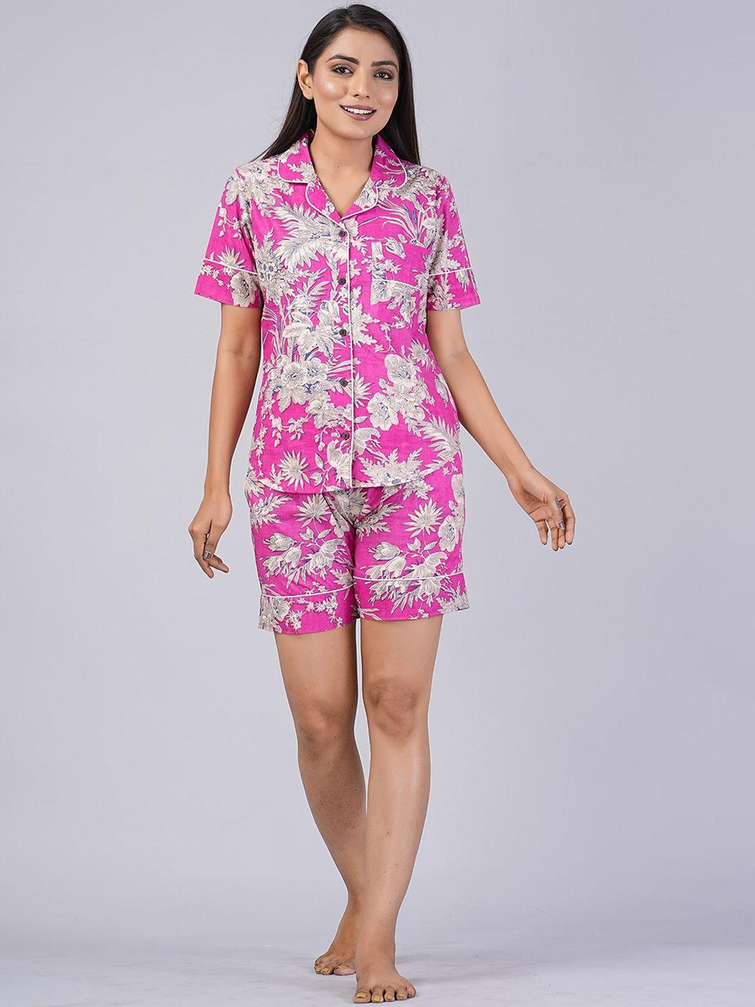 shoolin floral printed lapel collar pure cotton shirt & shorts