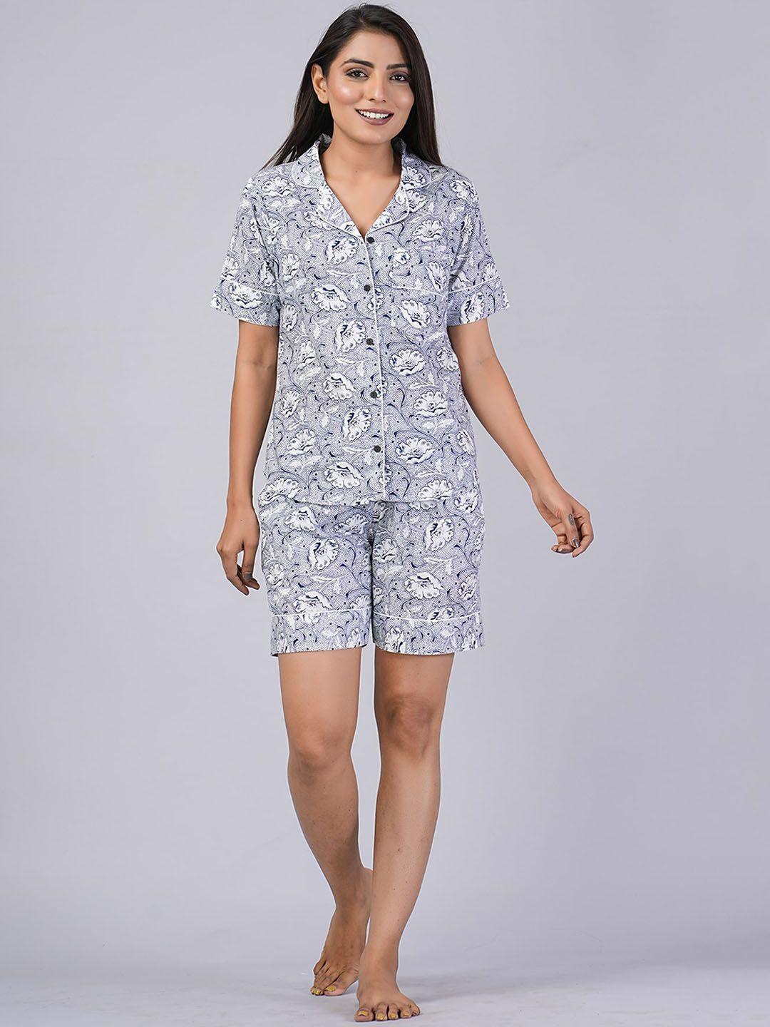 shoolin floral printed lapel collar pure cotton shirt & shorts