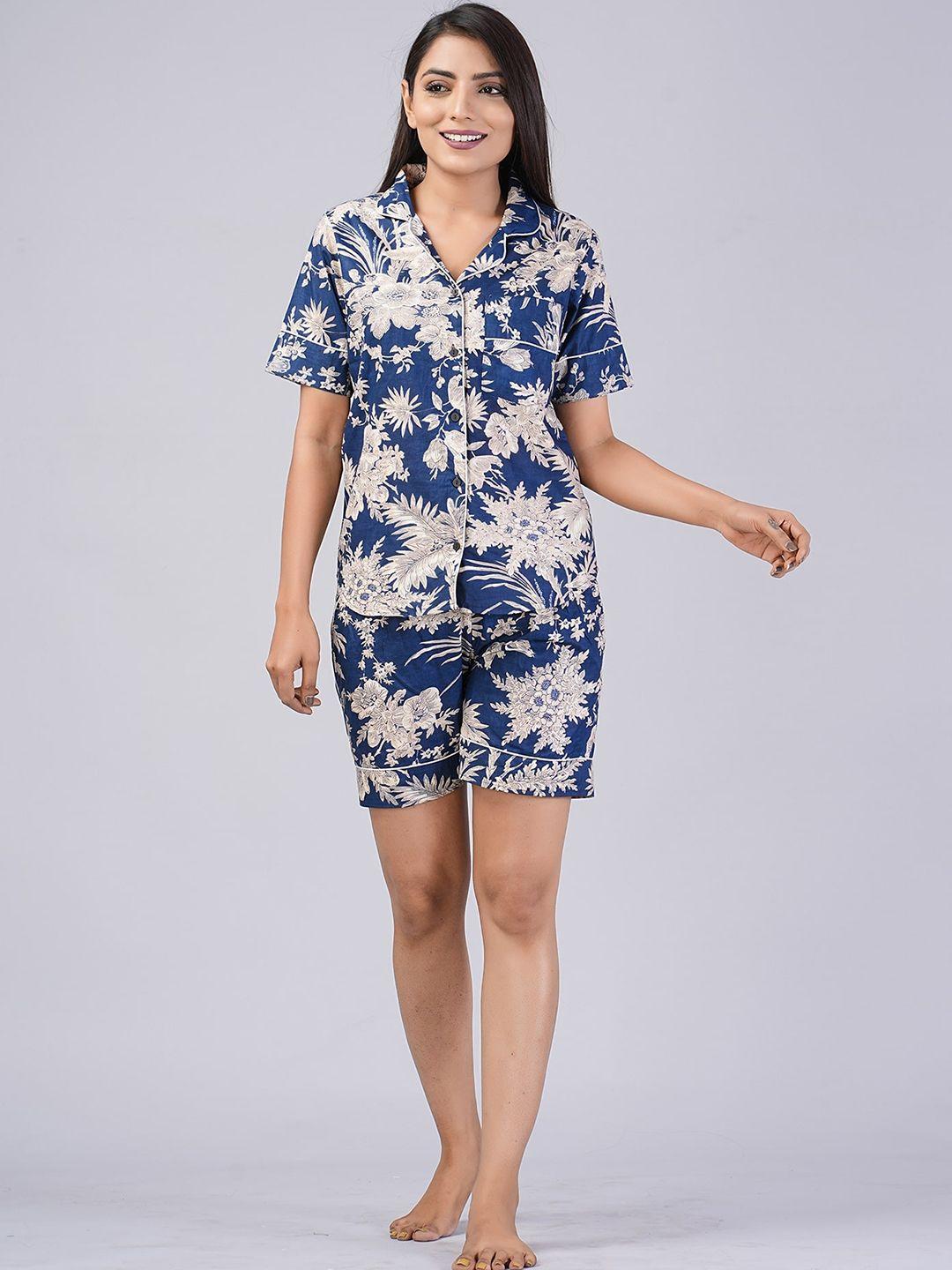 shoolin floral printed lapel collar pure cotton shirt with shorts