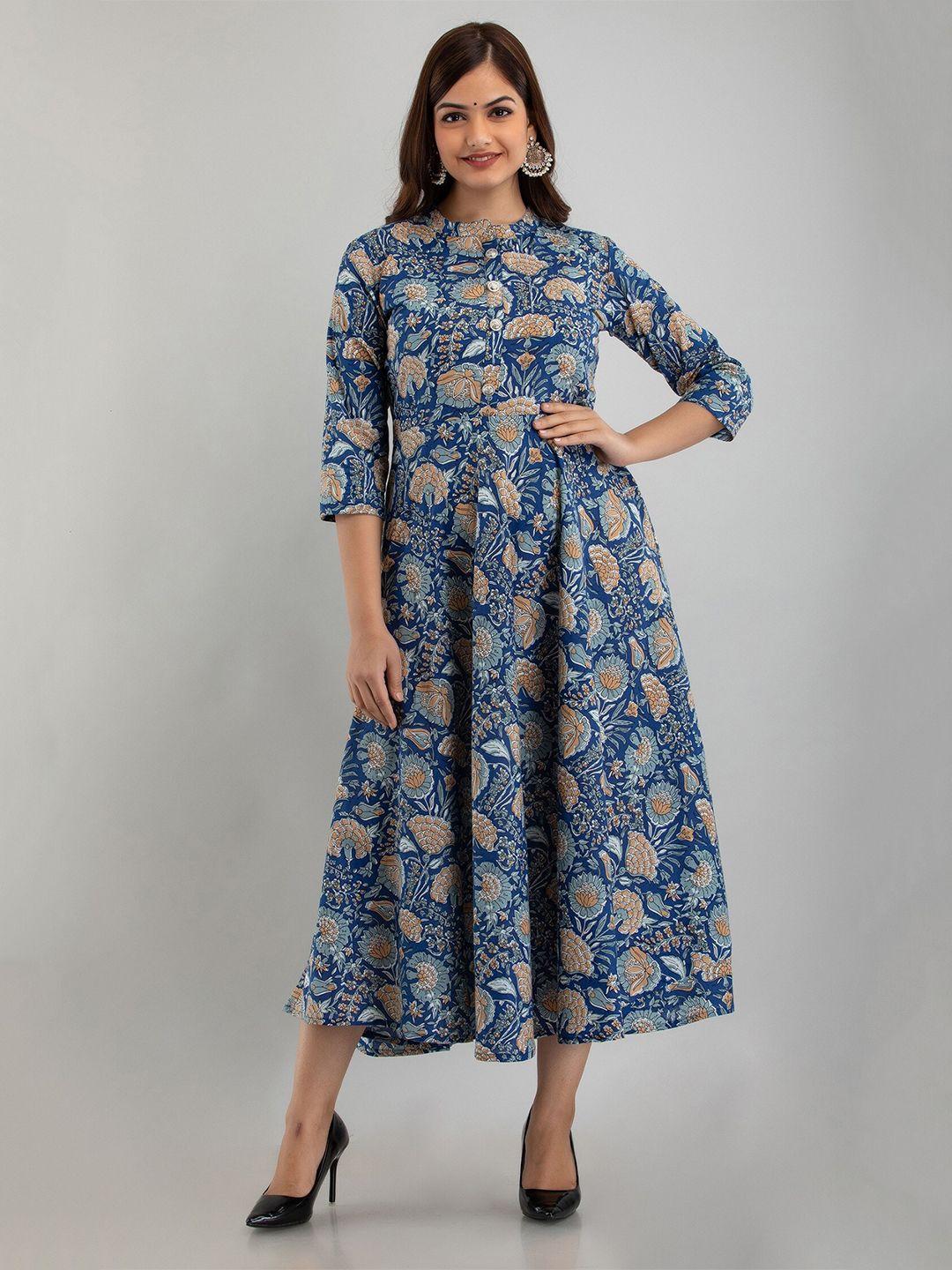 shoolin floral printed mandarin collar cotton fit and flare midi ethnic dress