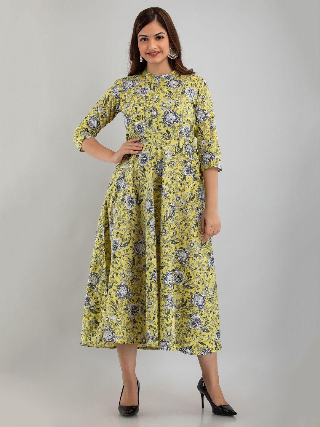 shoolin floral printed mandarin collar pure cotton fit & flare ethnic dress