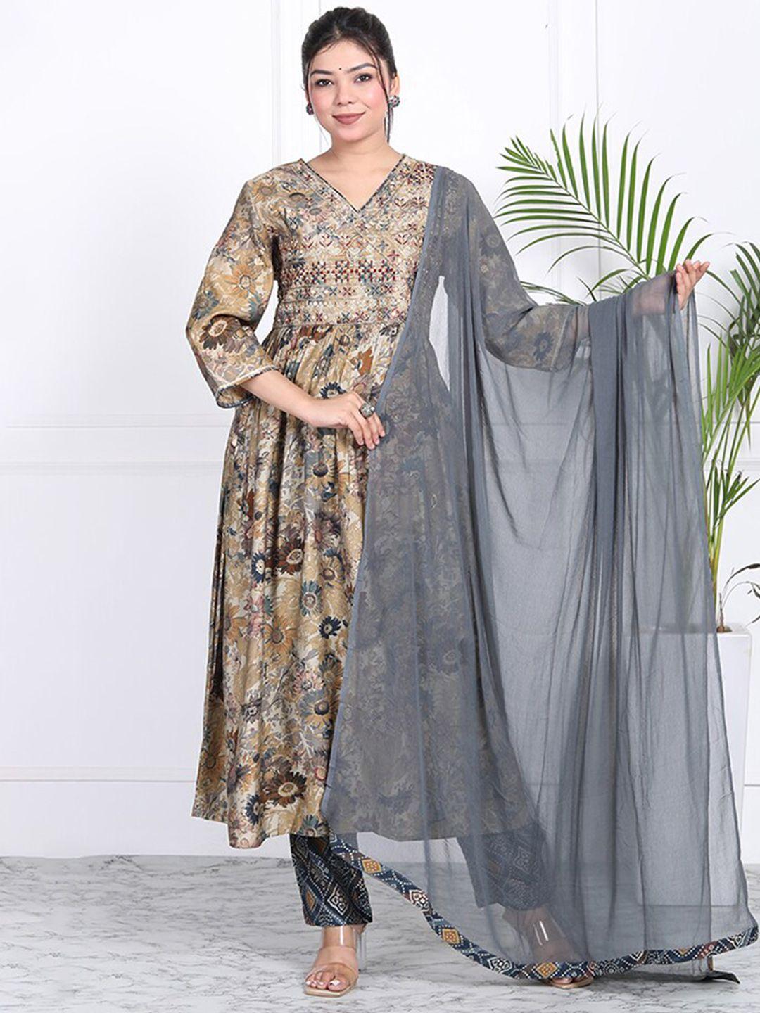 shoolin floral printed v-neck straight pure silk kurta & trousers