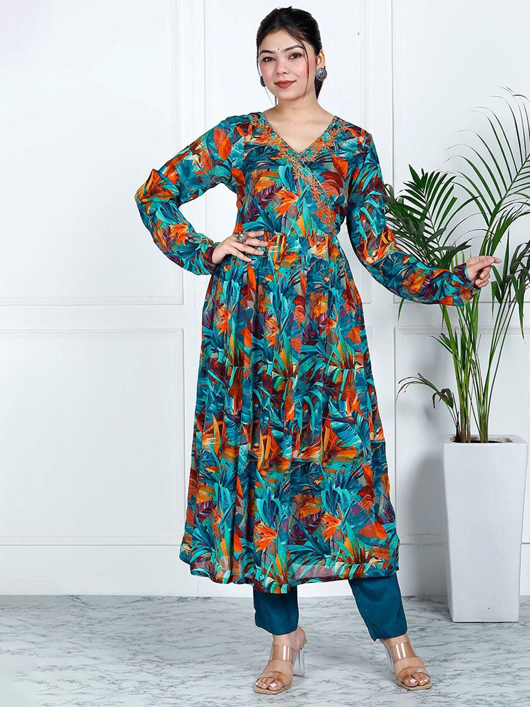 shoolin floral printed v-neck straight pure silk kurta & trousers