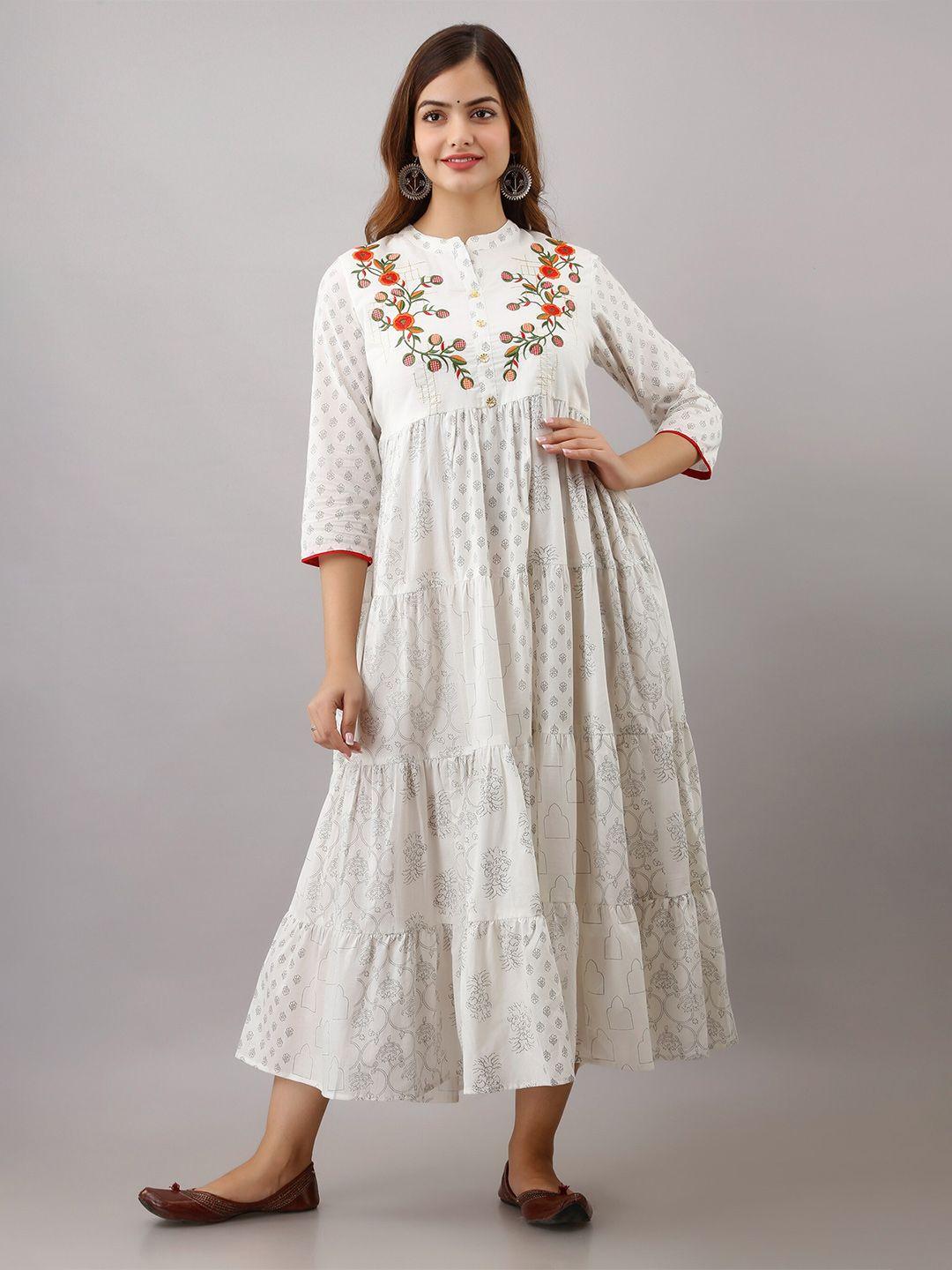 shoolin polka dots printed embroidered cotton a-line midi ethnic dress