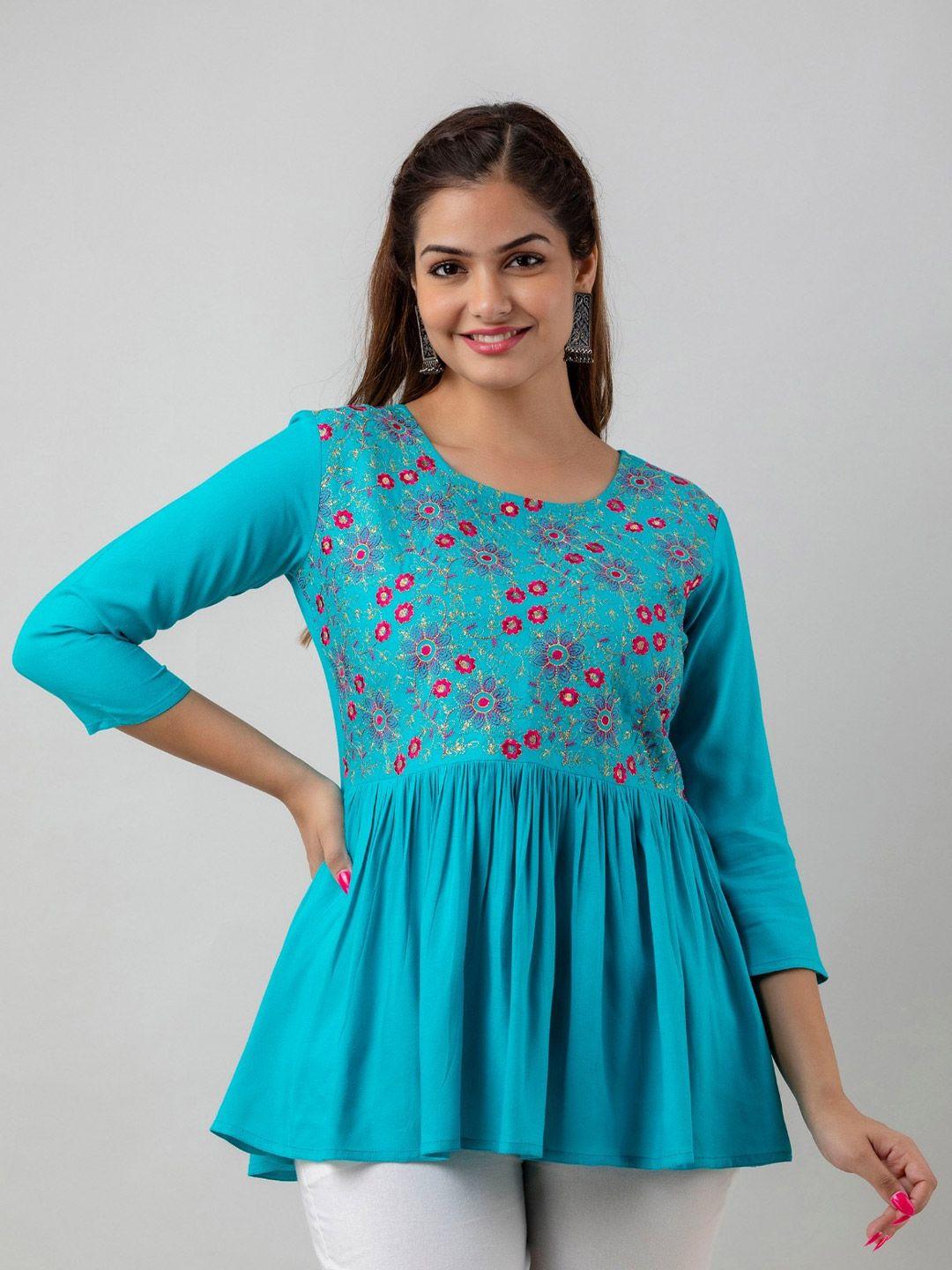 shoolin round neck floral embroidered flared kurti