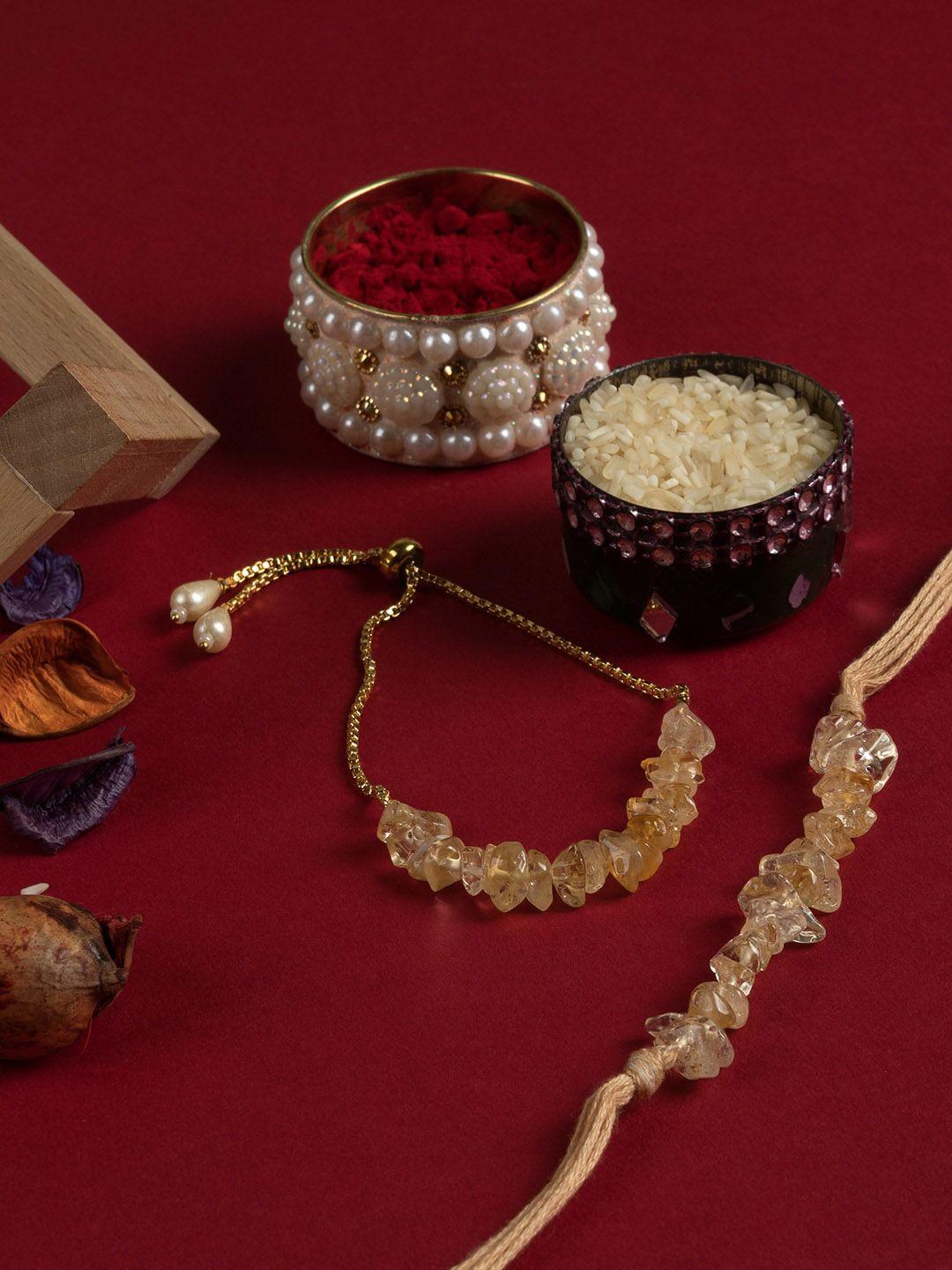 shoolin unisex set of 2 citrine gemstone beaded rakhi set with roli chawal