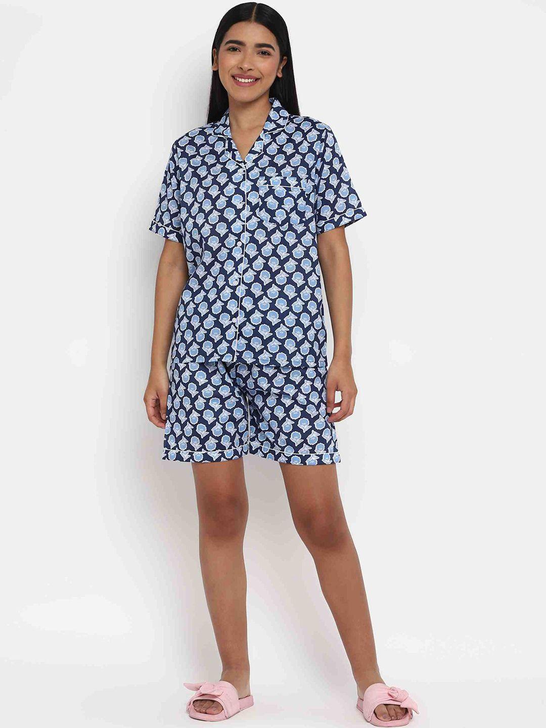shopbloom women blue & white printed night suit
