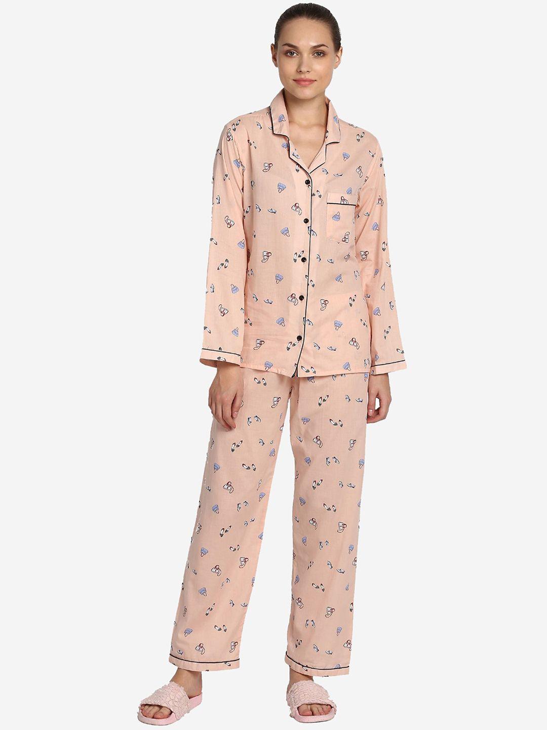 shopbloom women peach-coloured printed night suit