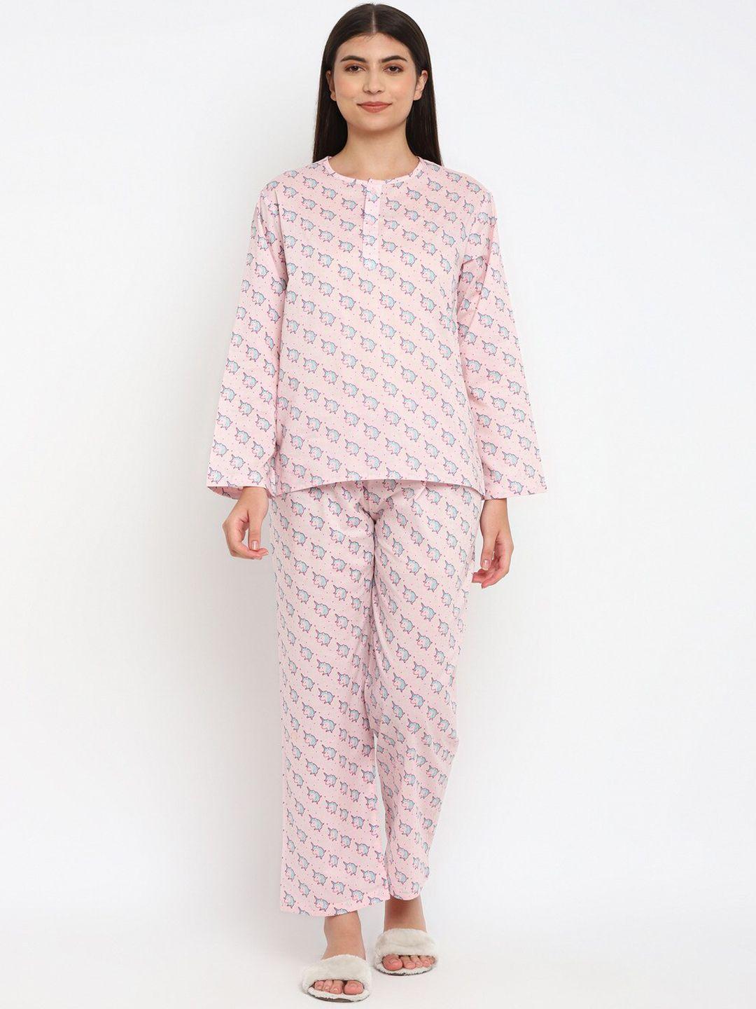 shopbloom women pink & blue printed night suit
