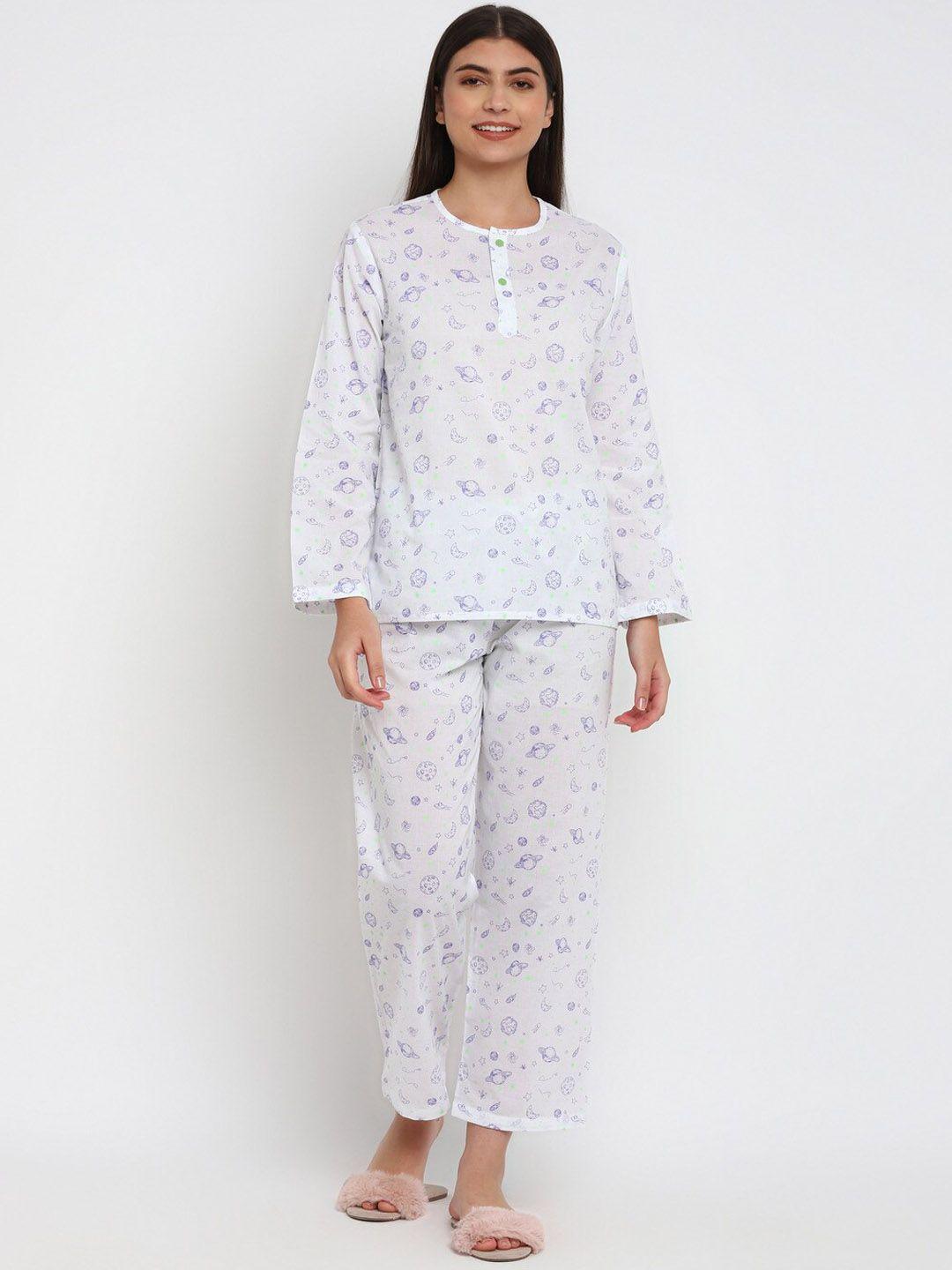 shopbloom women white & purple printed night suit