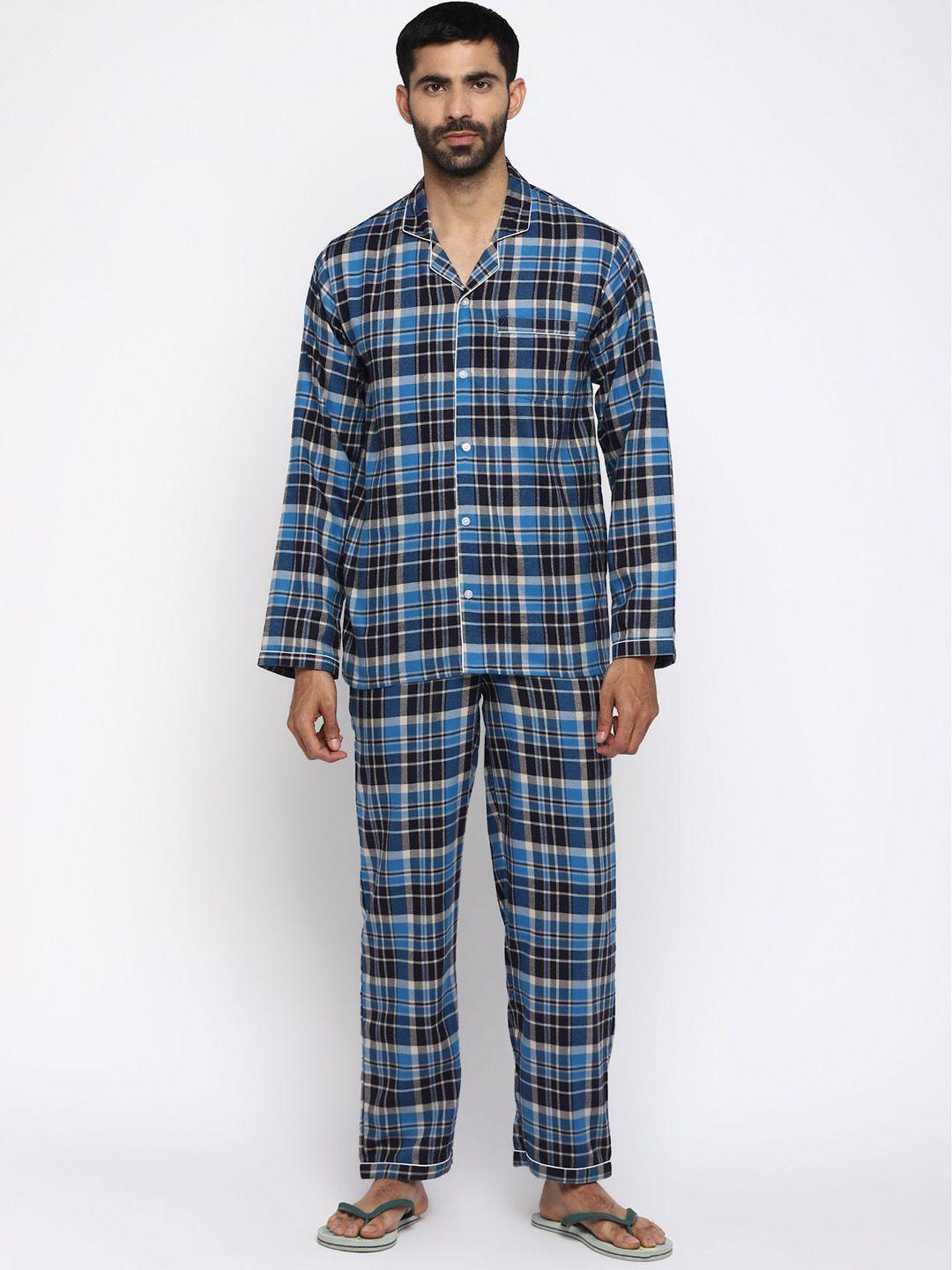 shopbloom checked pure cotton shirt collar night suit
